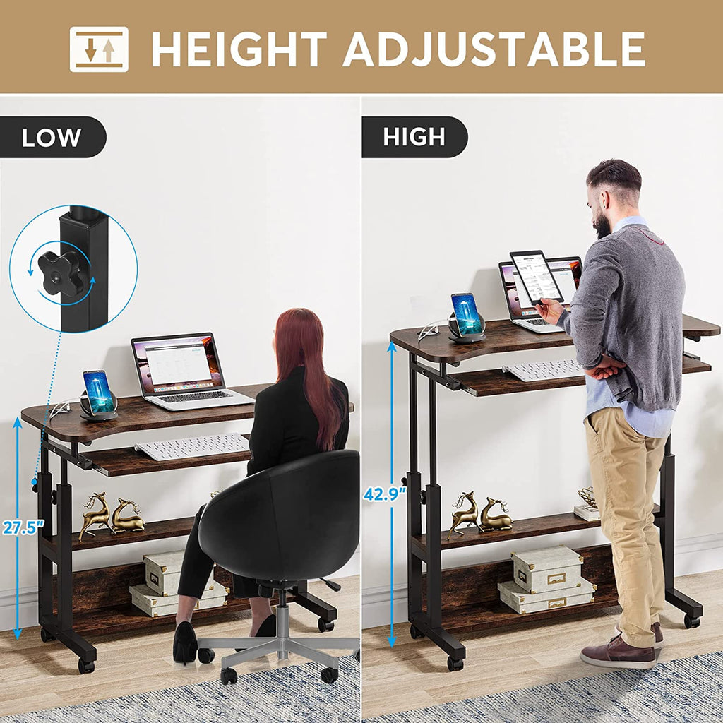 Graphic comparing the desk at its low seated height and its high standing height