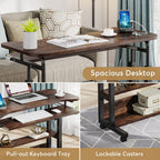 Feature graphic showing the desktop, the pull out keyboard tray and the lockable castors