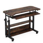 Brown mobile adjustable desk photographed against a plain background with the tray extended