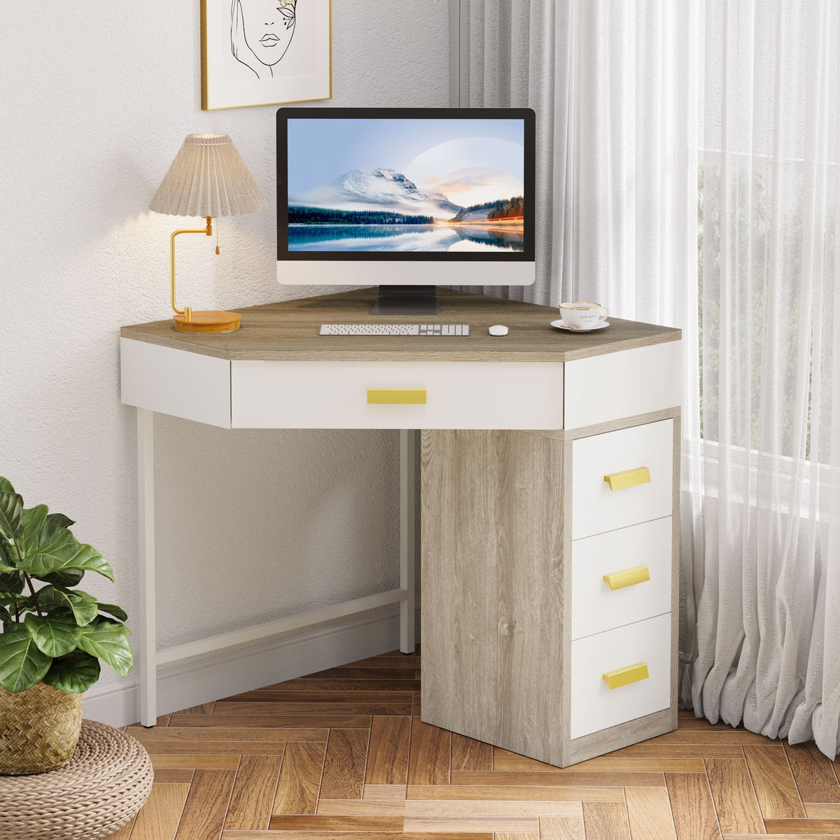 Stowena gray and white triangle corner desk with four drawers and a monitor