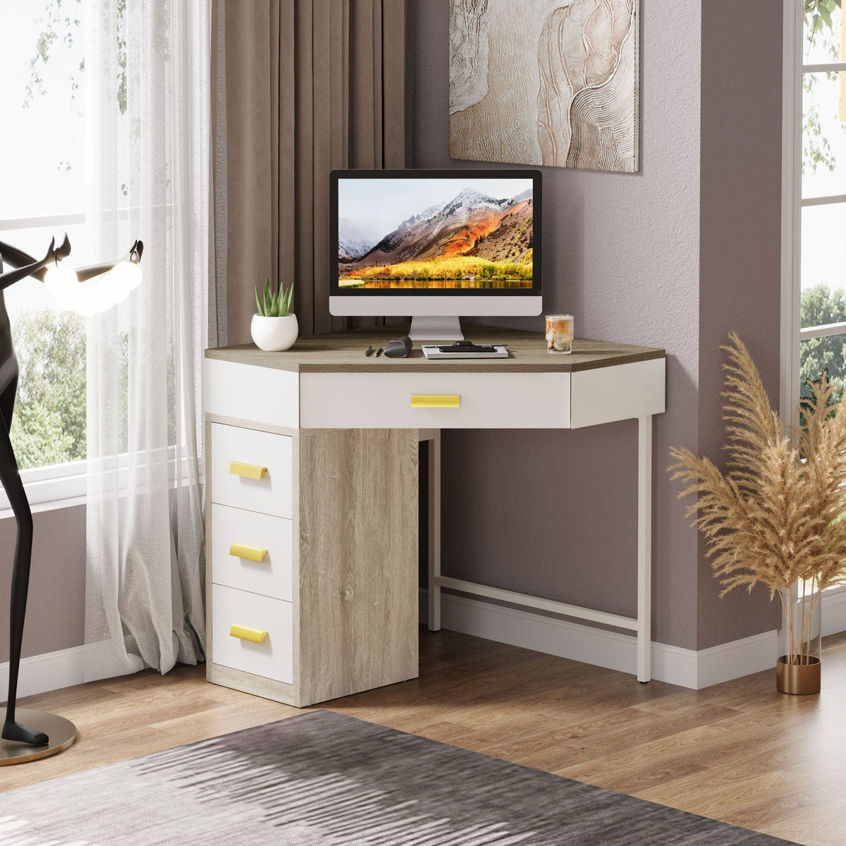 White corner desk in a bright room with a laptop and clock