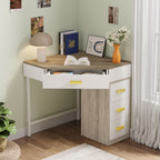 Triangle corner desk against two walls with books and a plant