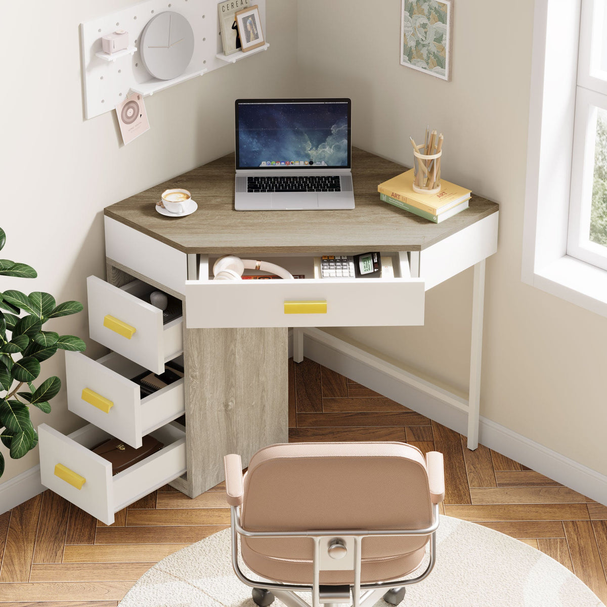 Corner desk with the three side drawers pulled open