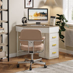 Gray and white corner desk with a monitor and headphones in a home office