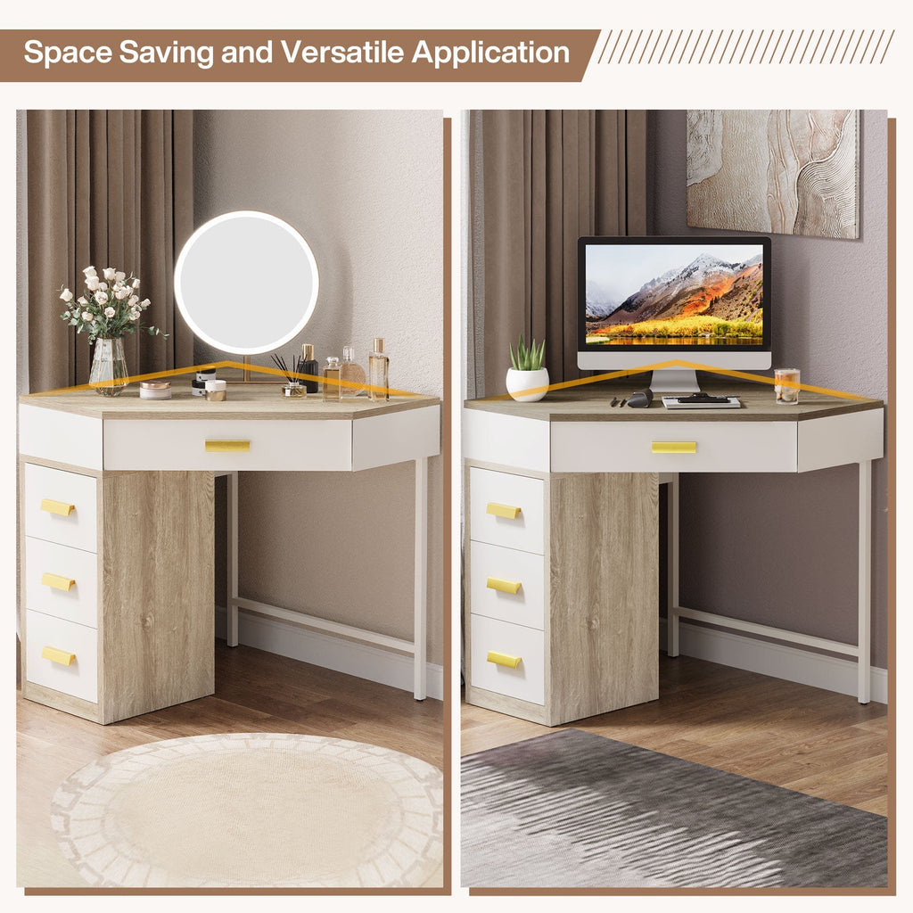 Space saving corner desk shown in two room layouts