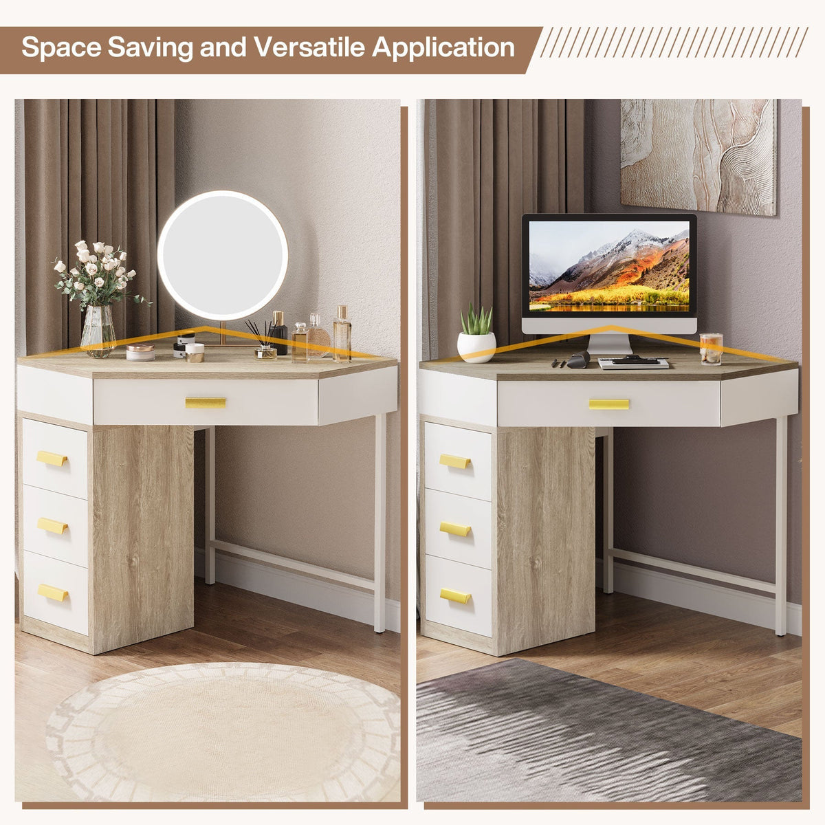 Space saving corner desk shown in two room layouts