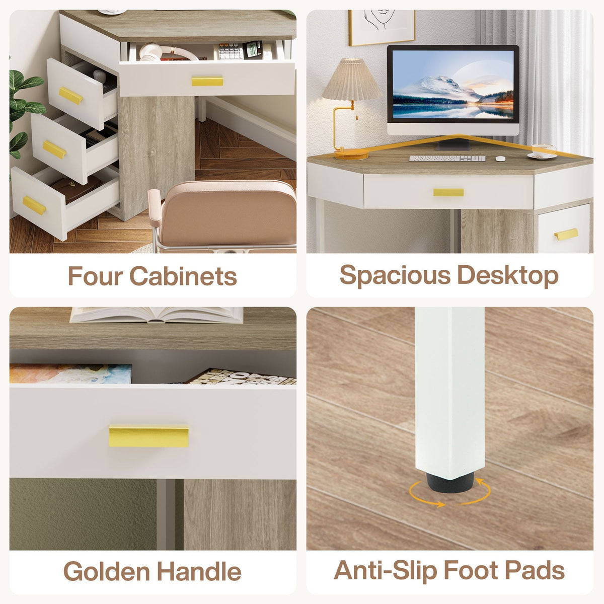 Four cabinets, spacious desktop, golden handle and anti slip foot pad callouts