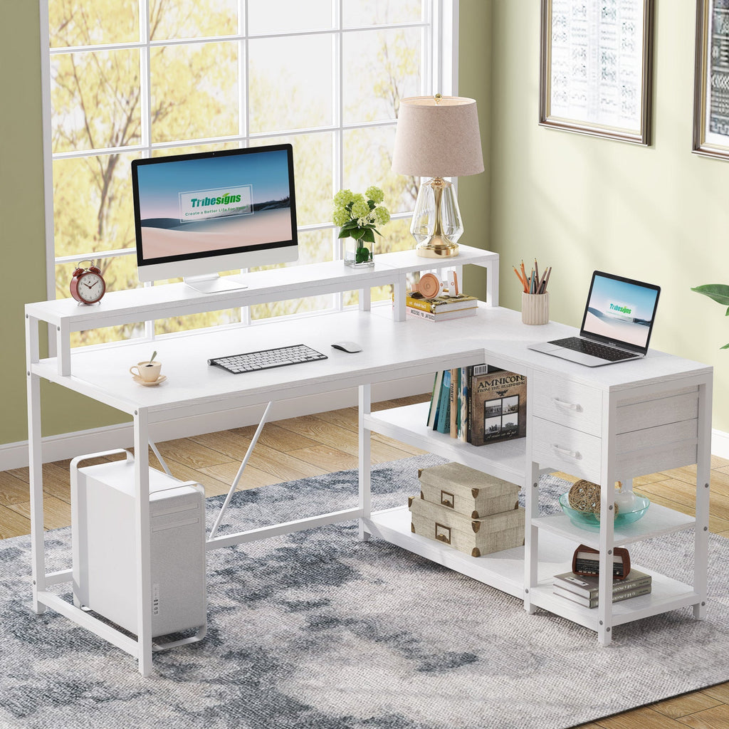 Stowena white L shaped desk with monitor riser and shelves in a home office