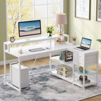 Stowena white L shaped desk with monitor riser and shelves in a home office