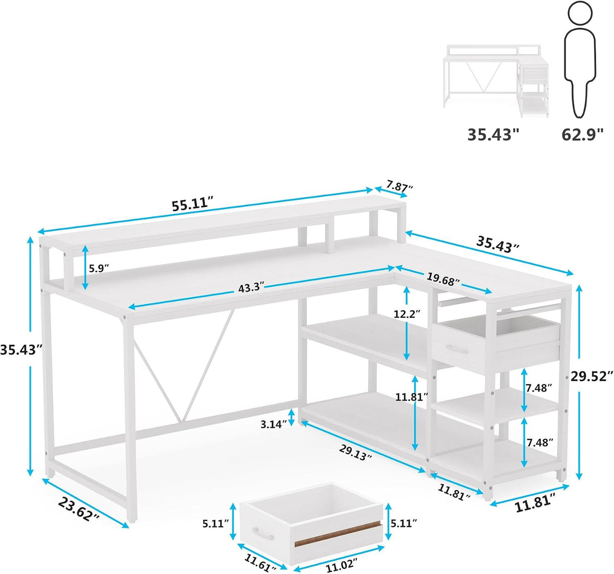 Dimension diagram: 55.11 x 43.3 in, 29.52 in desk height, 35.43 in overall