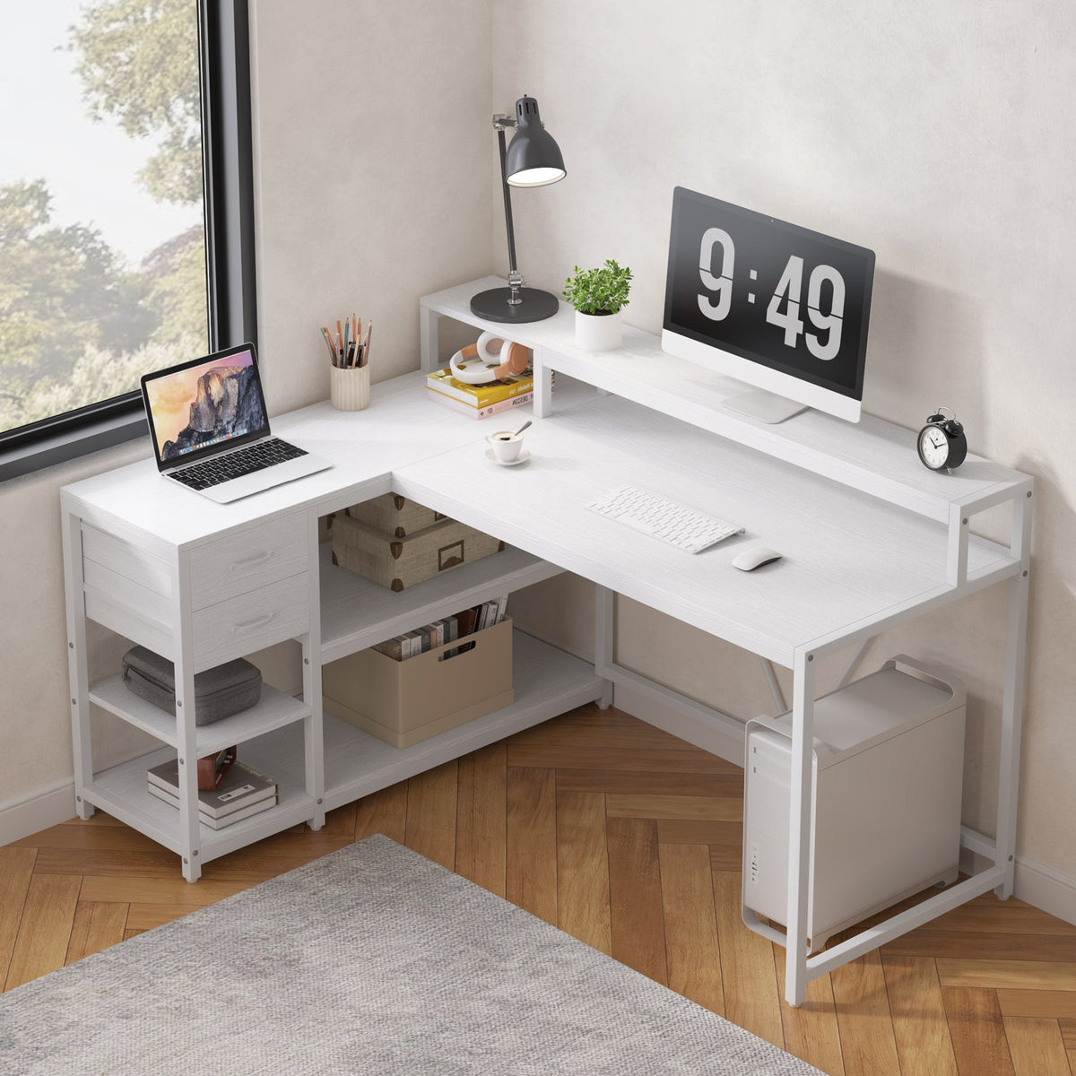 White L shaped corner desk with a laptop and storage beneath