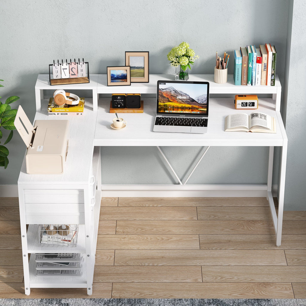 White corner desk with books and a monitor on the raised stand