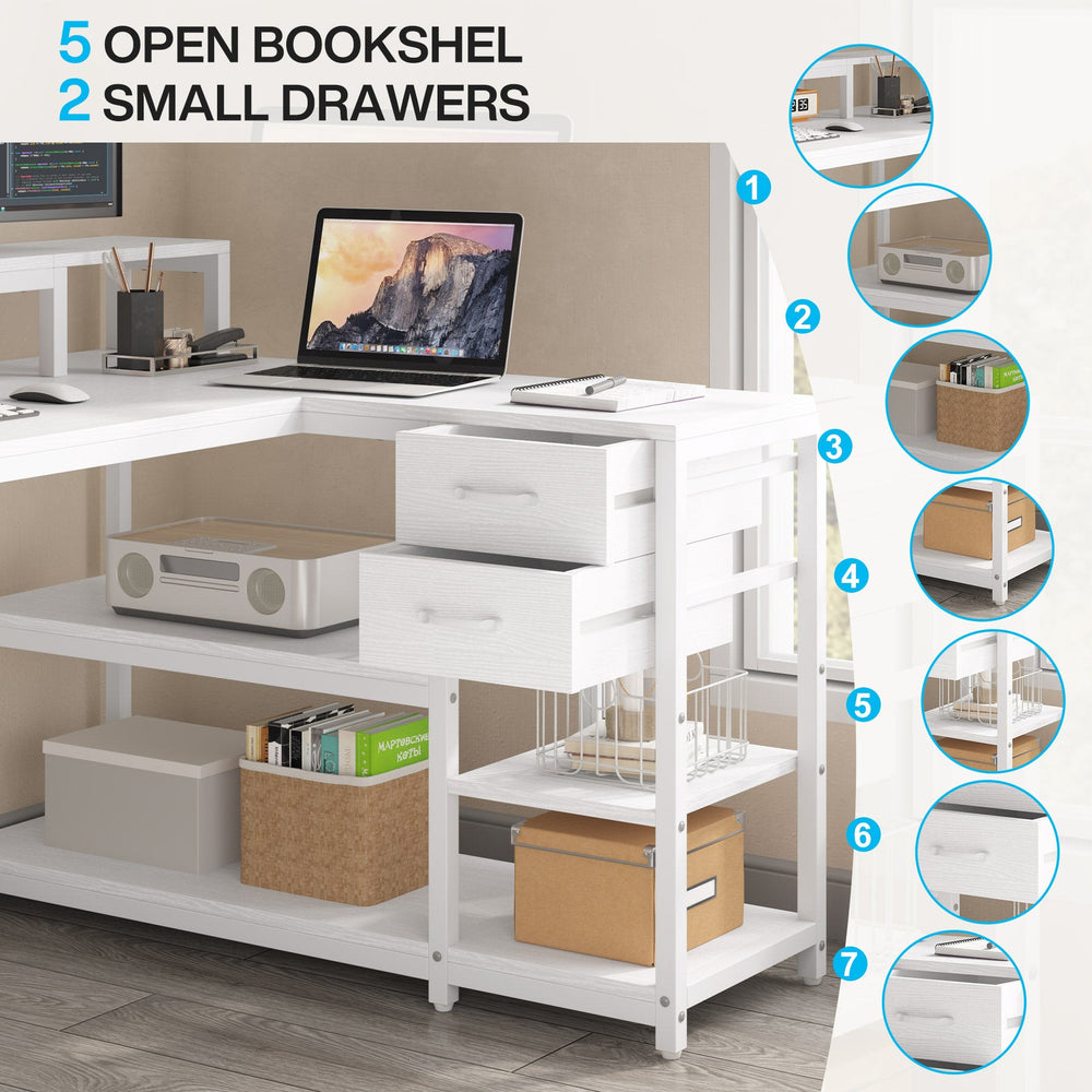 Five open bookshelves and two small drawers on the tower side