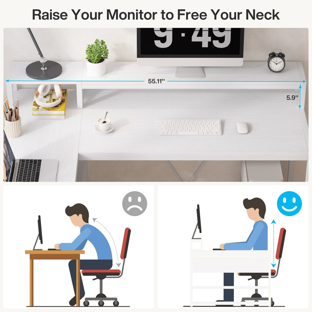 Monitor riser 55.11 in wide and 5.9 in high raising a screen above the desk