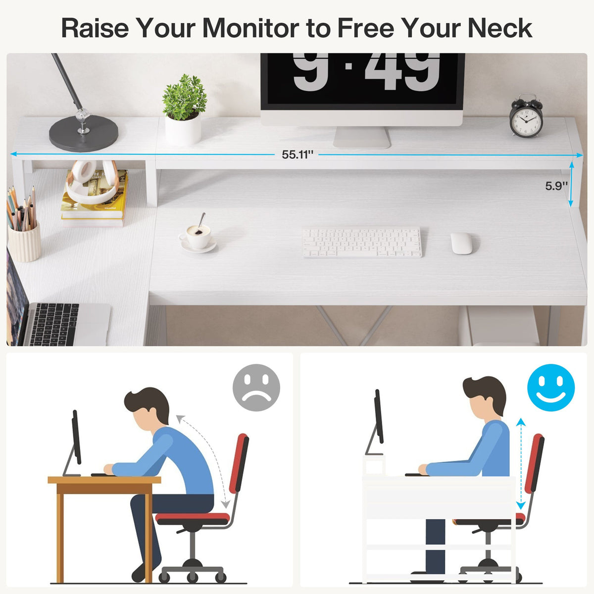 Monitor riser 55.11 in wide and 5.9 in high raising a screen above the desk