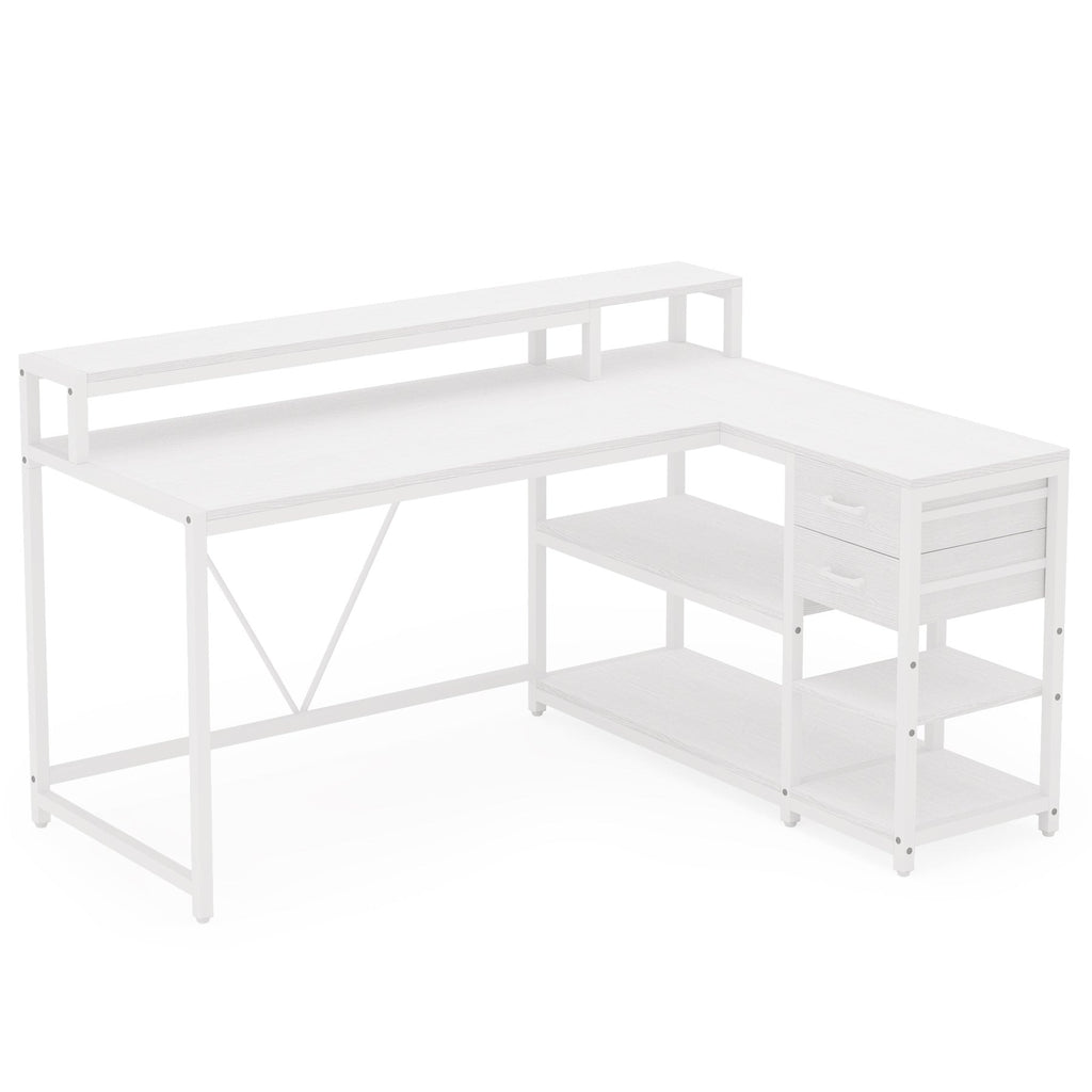 White reversible L shaped desk on a plain background