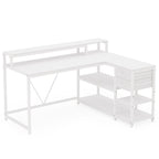 White reversible L shaped desk on a plain background