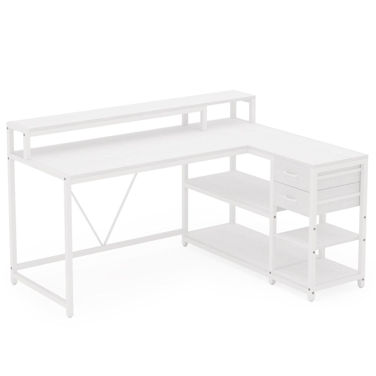 White reversible L shaped desk on a plain background