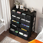 The dresser with several drawers open showing folded clothes in each