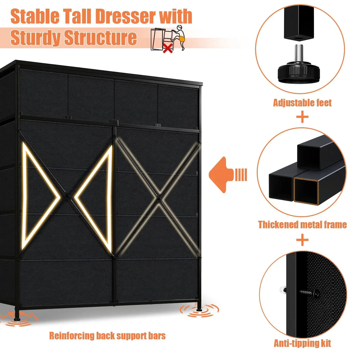 Graphic showing the rear X brace, the adjustable feet, the metal frame and the anti tipping kit