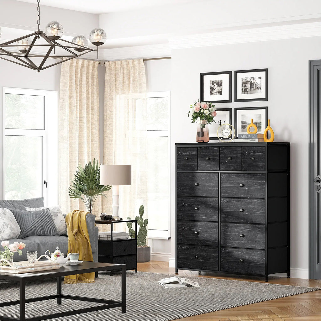 Black twelve drawer dresser in a living room beside a sofa and a side table