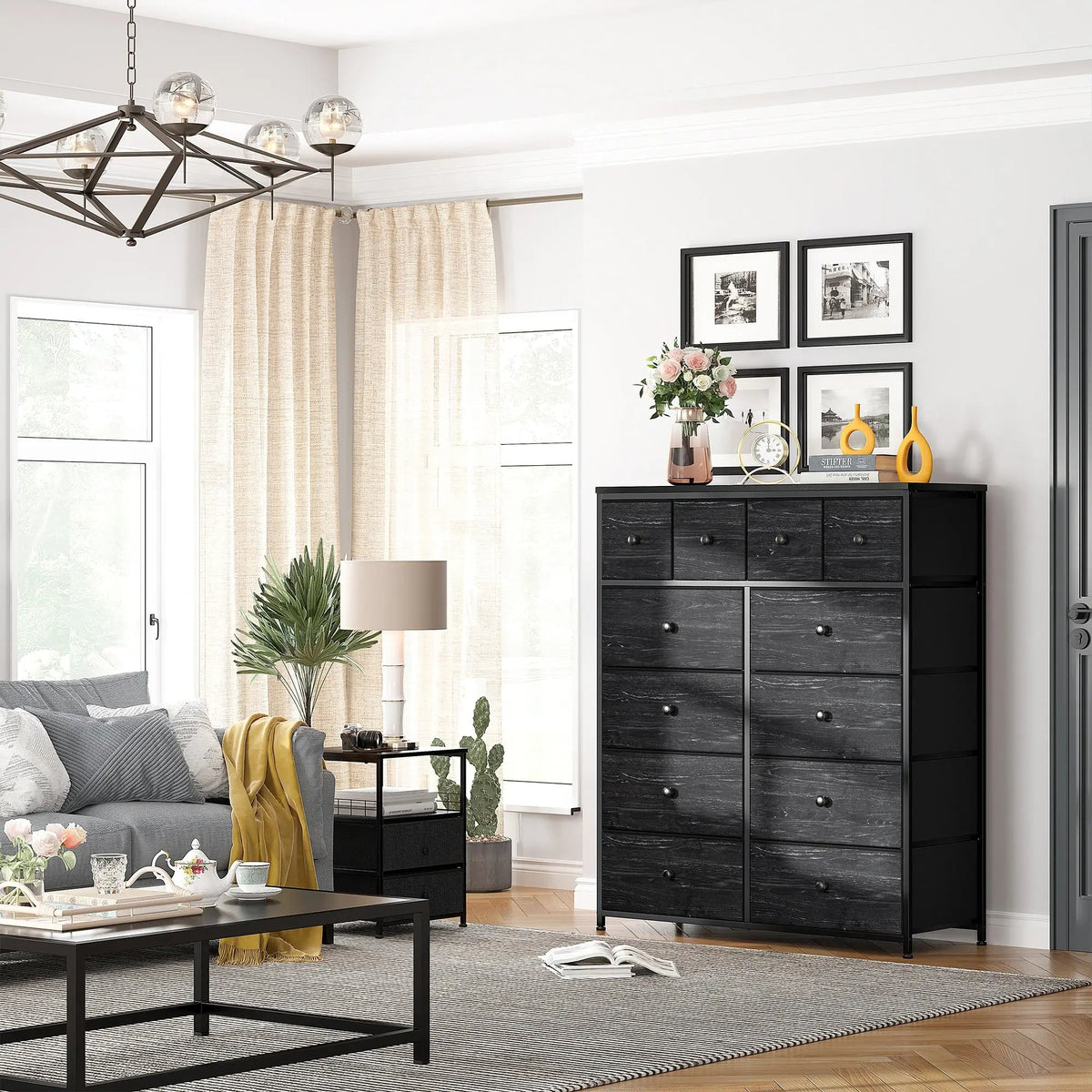 Black twelve drawer dresser in a living room beside a sofa and a side table