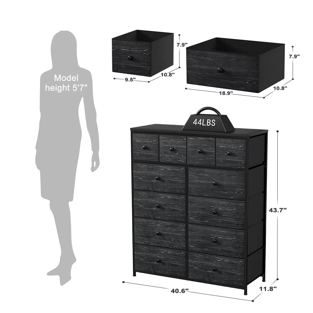 Dimension diagram showing 40.6 by 11.8 by 43.7 inches with drawer sizes and a 44 lb top