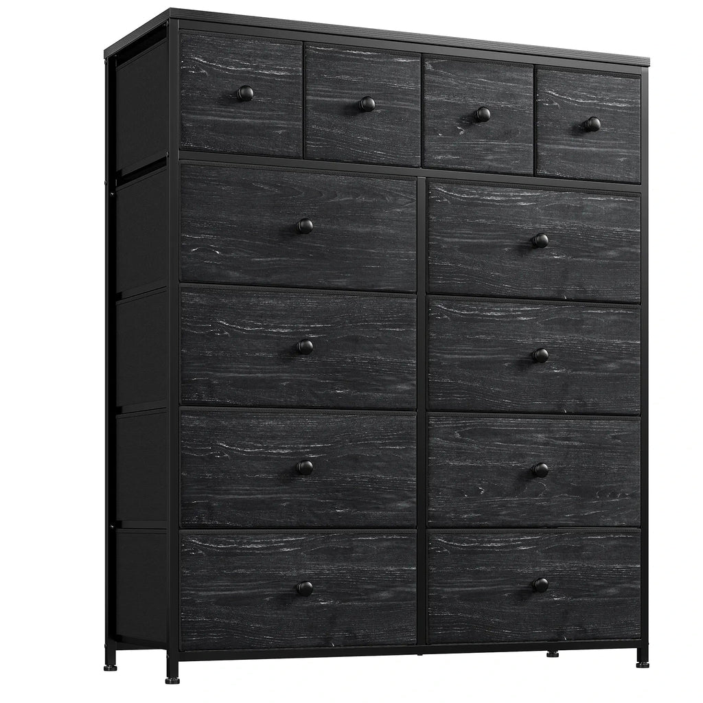 Black twelve drawer fabric dresser photographed square on against a plain background