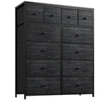 Black twelve drawer fabric dresser photographed square on against a plain background