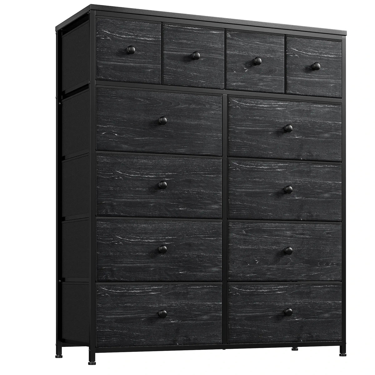 Black twelve drawer fabric dresser photographed square on against a plain background