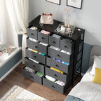The dresser beside a bed with the drawers open showing clothes sorted by drawer