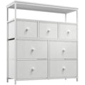 White seven drawer fabric dresser with two open compartments above, photographed against a plain background
