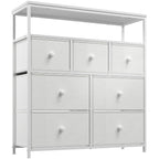 White seven drawer fabric dresser with two open compartments above, photographed against a plain background