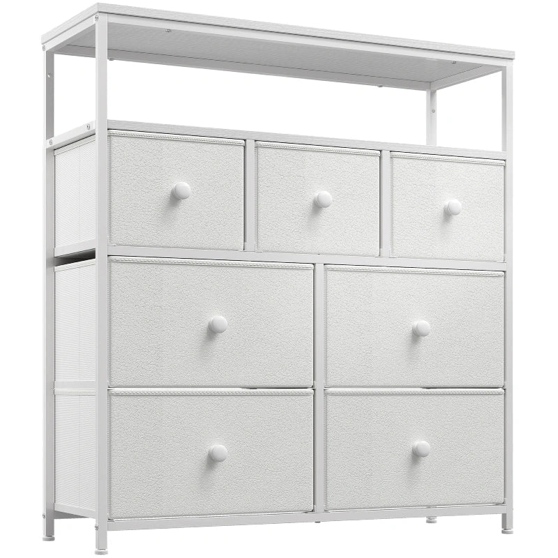 White seven drawer fabric dresser with two open compartments above, photographed against a plain background