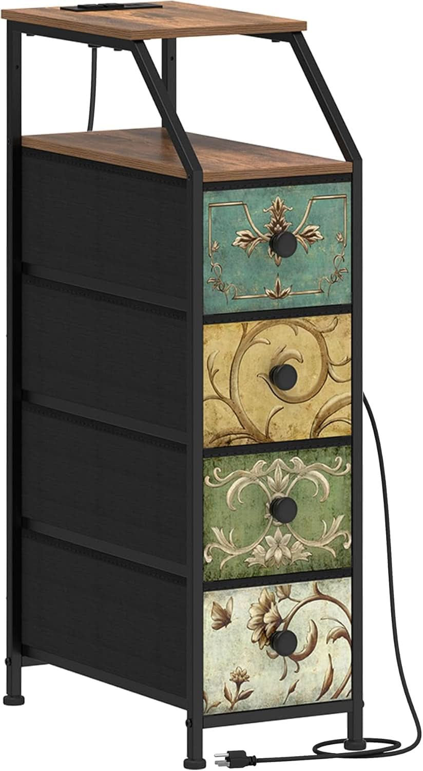 Stowena narrow dresser tower with charging station and vintage floral drawers