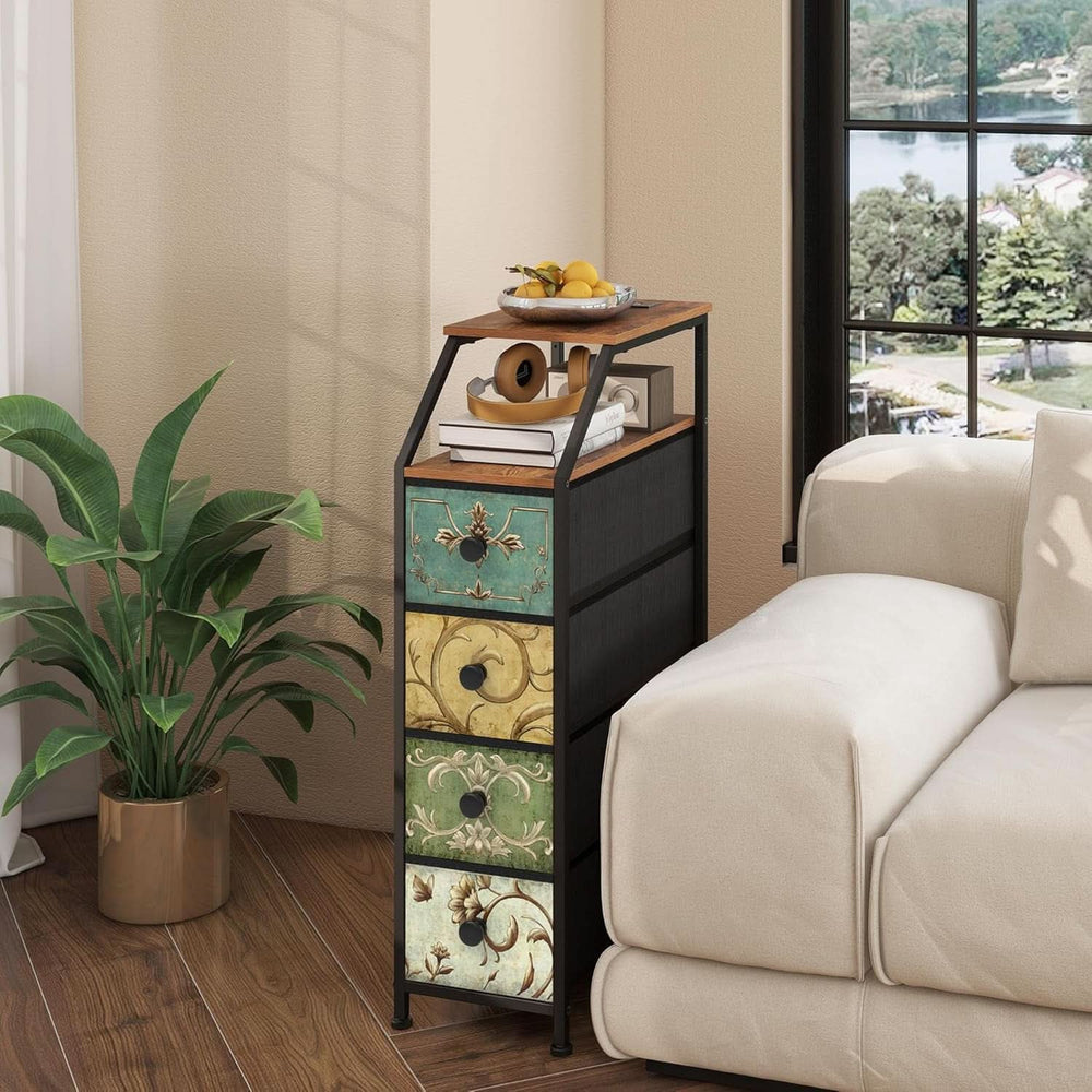 Slim floral drawer tower beside a cream sofa with a tray on top
