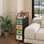 Slim floral drawer tower beside a cream sofa with a tray on top