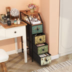Tower beside a vanity desk with open drawer and makeup storage