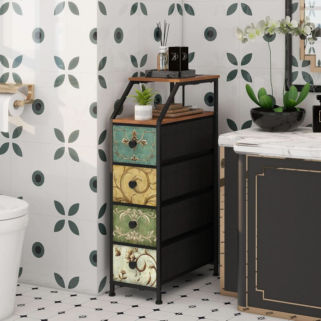 Narrow dresser in a patterned bathroom beside a marble counter