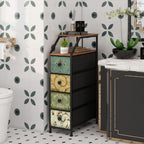 Narrow dresser in a patterned bathroom beside a marble counter