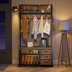 Rustic brown and black hall tree 31.5 x 11.8 x 71 in in an entryway, coats and bags on the hooks, boots on the two layer shoe rack and three fabric drawers beside the bench