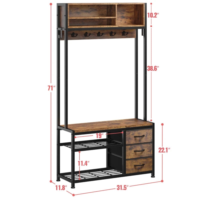 Dimension diagram: hall tree 31.5 in wide, 11.8 in deep and 71 in high, with a 10.2 in top shelf, a 38.6 in hanging zone and a 22.1 in bench section