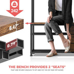 Detail graphic: a person sitting on the hall tree bench, listed at 242 lb, with 0.47 in thick wood and a 0.79 in metal frame called out