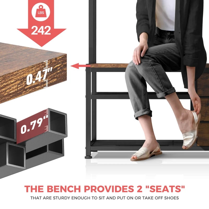 Detail graphic: a person sitting on the hall tree bench, listed at 242 lb, with 0.47 in thick wood and a 0.79 in metal frame called out