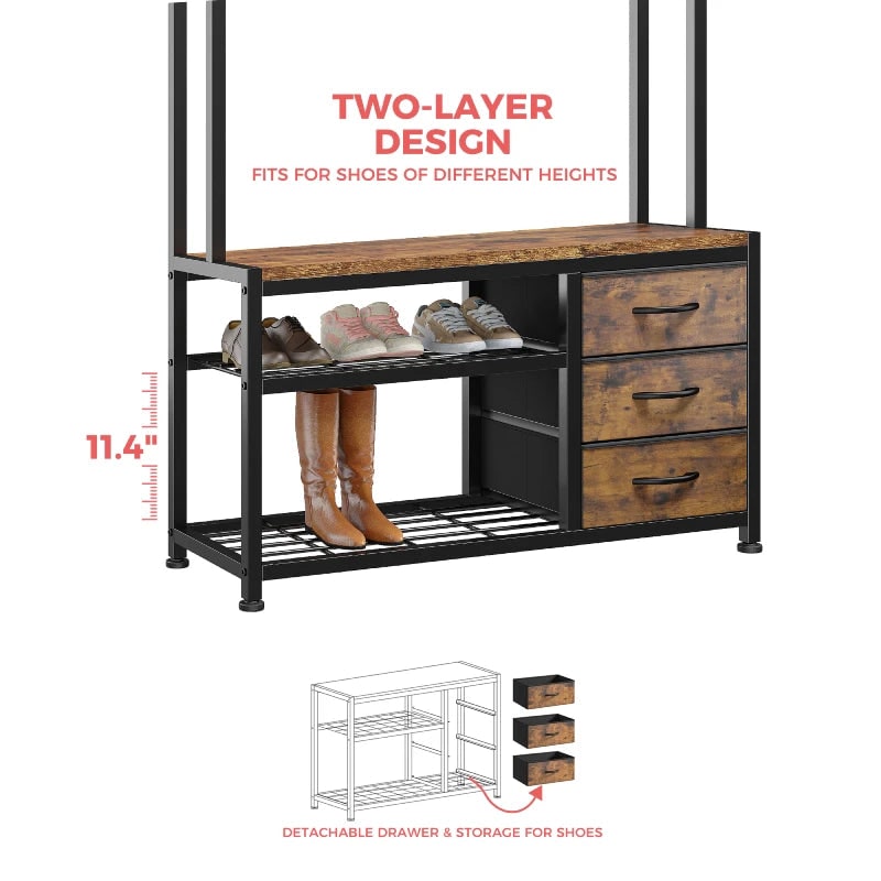 Detail graphic: two layer shoe rack under the bench with an 11.4 in tall bay for boots and a lower bay for shoes, and the detachable drawers shown separately