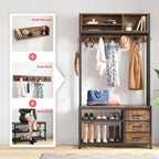 Detail graphic: shelf storage, coat rack and shoe rack shown combining into the single hall tree frame