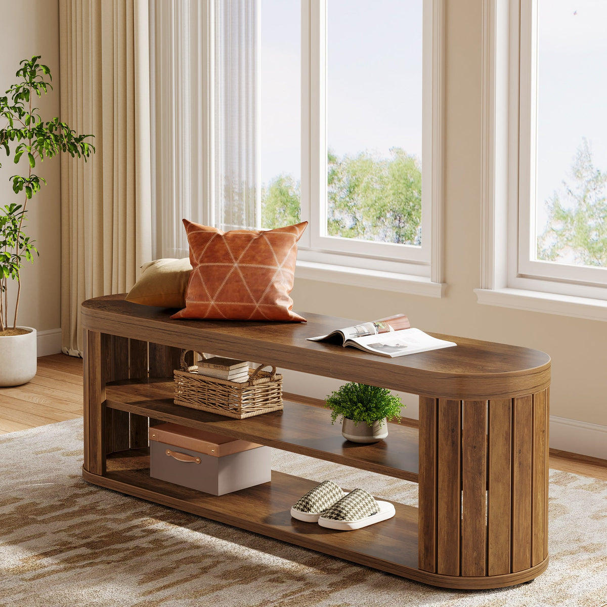 Shoe bench by a window with a cushion, basket and shoes on the lower shelves