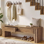 Stowena 55 inch oak storage bench with 2 drawers in an entryway with shoes beneath