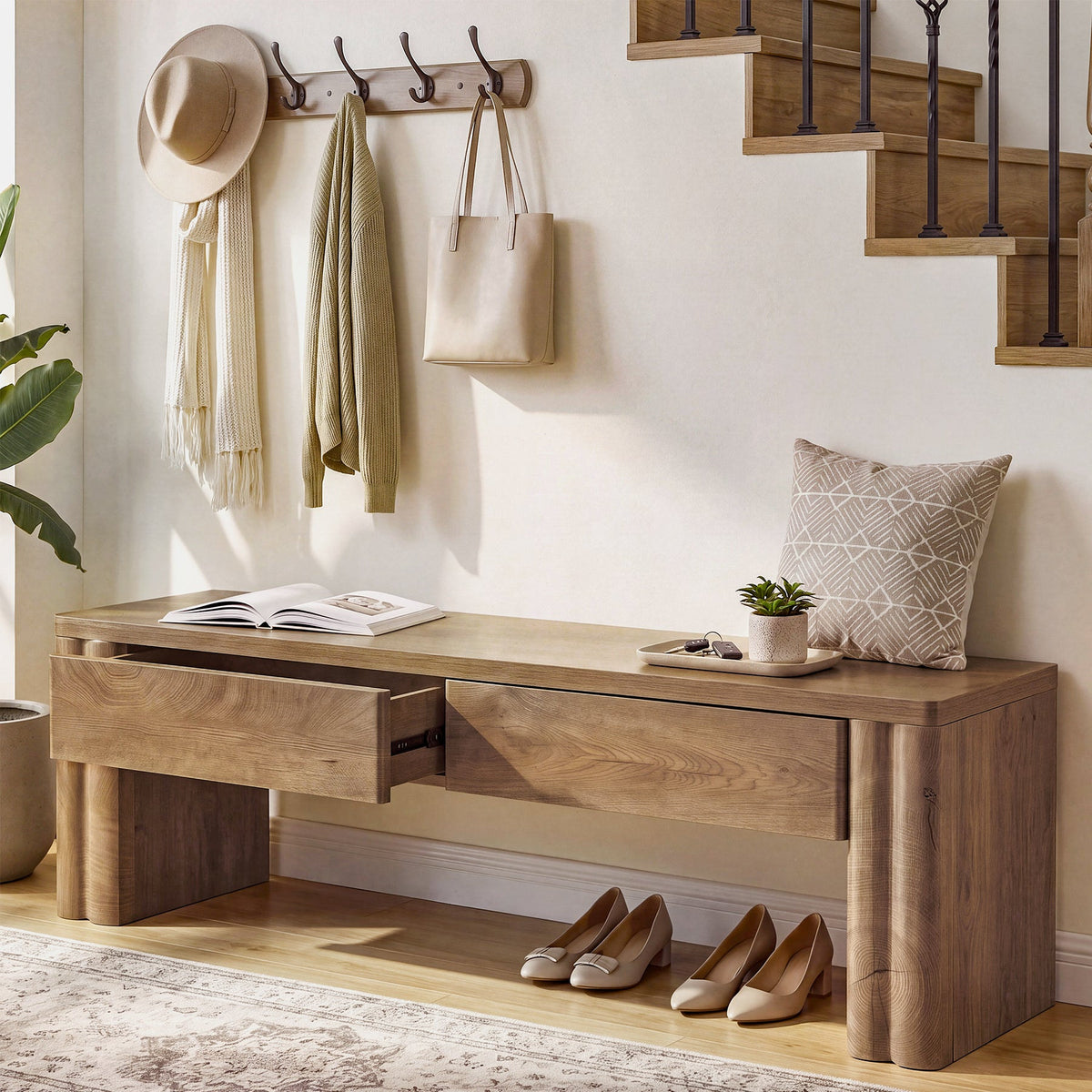 Stowena 55 inch oak storage bench with 2 drawers in an entryway with shoes beneath