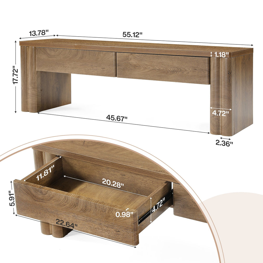 Dimension diagram: 55.12 x 13.78 x 17.72 in with 20.28 in drawer interior